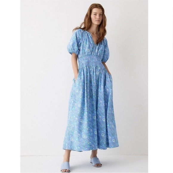 J.Crew Provence Smocked Waist Midi 100% Poplin Cotton Blue Floral Dress Size XXS - Picture 1 of 16